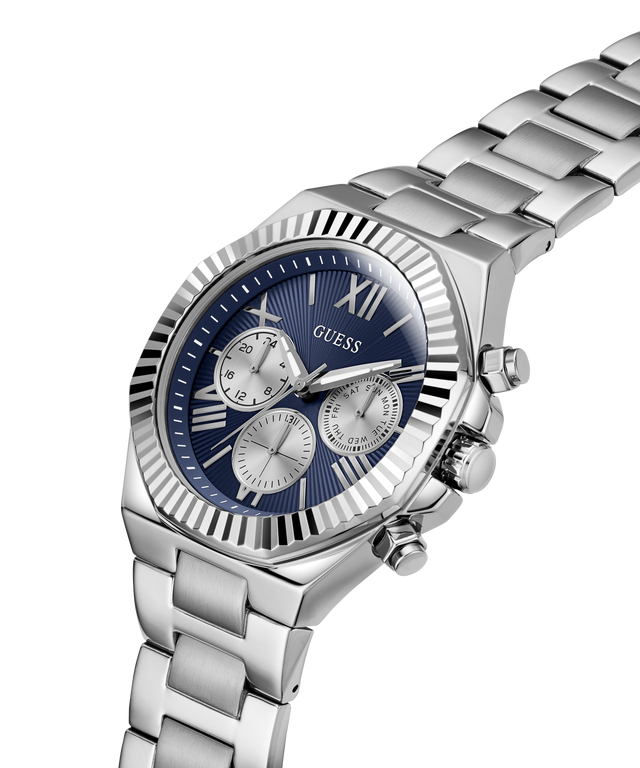 A Guess men's stainless steel chronograph watch with a blue dial, silver-tone metal case, and matching link bracelet, shown on a clean white background. lifestyle