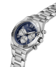 A Guess men's stainless steel chronograph watch with a blue dial, silver-tone metal case, and matching link bracelet, shown on a clean white background. lifestyle