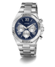 A GUESS men's analog watch with a silver stainless steel case and link bracelet, featuring a deep blue dial with silver-tone subdials and Roman numeral hour markers.