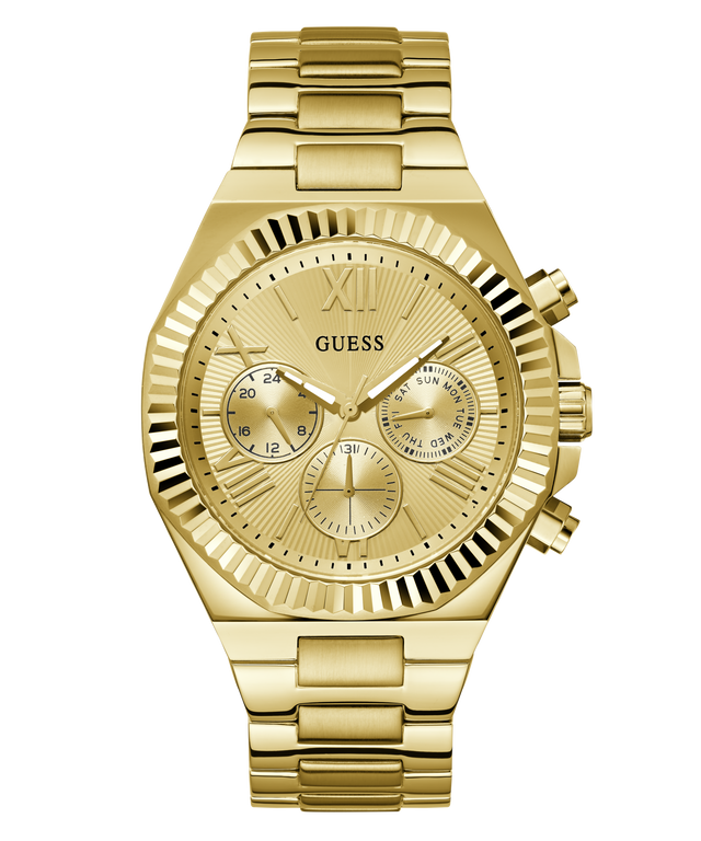 Gold-tone stainless steel chronograph watch by GUESS with a fluted bezel, matching gold dial and bracelet, and three subdials.
