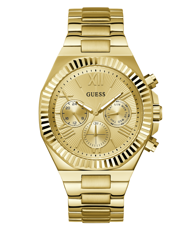Gold-tone stainless steel chronograph watch by GUESS with a fluted bezel, matching gold dial and bracelet, and three subdials.