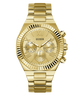 Gold-tone stainless steel chronograph watch by GUESS with a fluted bezel, matching gold dial and bracelet, and three subdials.