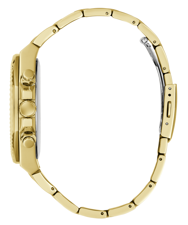 Close-up side view of a gold-tone metal watch with a matching link bracelet, showing the case side buttons and clasp on a plain white background.