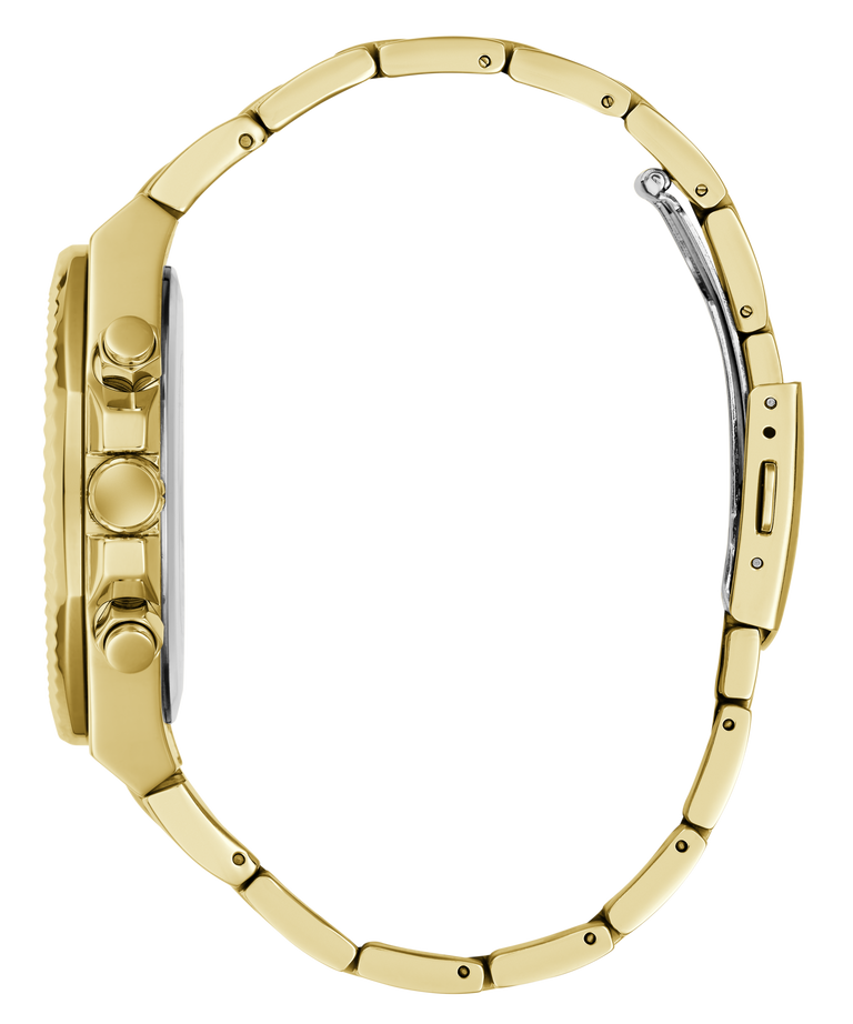 Close-up side view of a gold-tone metal watch with a matching link bracelet, showing the case side buttons and clasp on a plain white background.