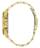 Close-up side view of a gold-tone metal watch with a matching link bracelet, showing the case side buttons and clasp on a plain white background.