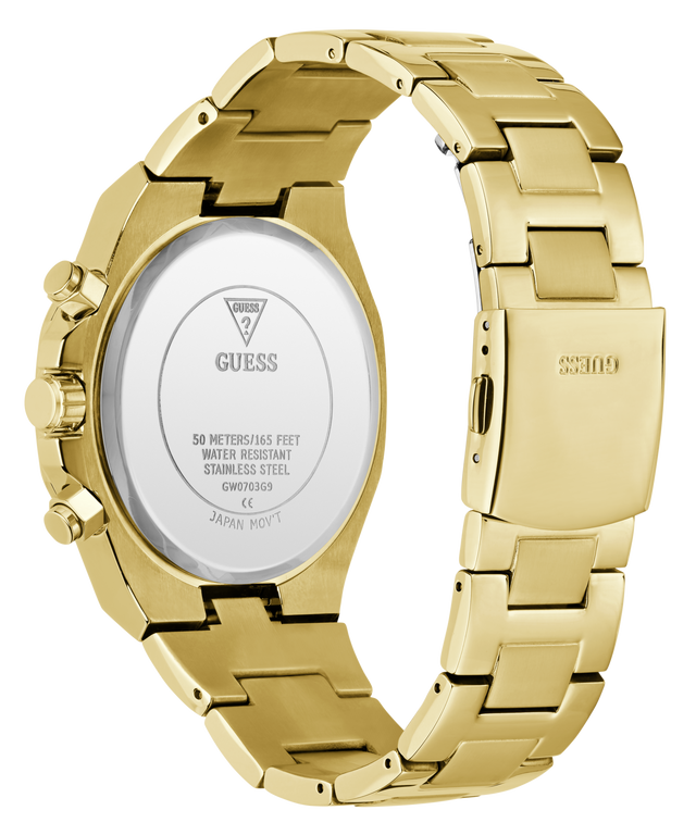 Gold-tone stainless steel watch shown from the back, featuring a matching metal link bracelet, side pushers, and the GUESS logo printed on the back cover.