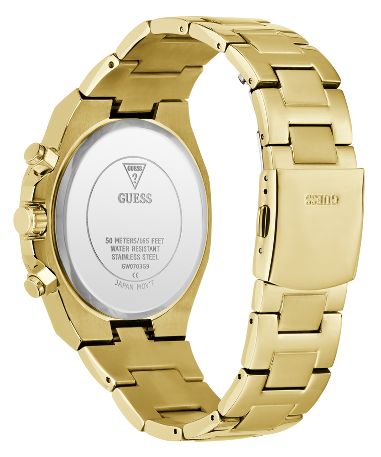 Gold-tone stainless steel watch shown from the back, featuring a matching metal link bracelet, side pushers, and the GUESS logo printed on the back cover.