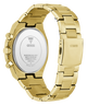 Gold-tone stainless steel watch shown from the back, featuring a matching metal link bracelet, side pushers, and the GUESS logo printed on the back cover.
