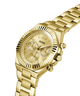 Gold-tone stainless steel wrist watch with a matching link bracelet, featuring a fluted bezel, multi-dial face, and GUESS branding on a clean white background. lifestyle