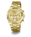 Gold-tone GUESS men's analog watch with a matching metal link bracelet, featuring a fluted bezel, sunburst dial, and three subdials.