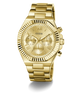 Gold-tone GUESS men's analog watch with a matching metal link bracelet, featuring a fluted bezel, sunburst dial, and three subdials.