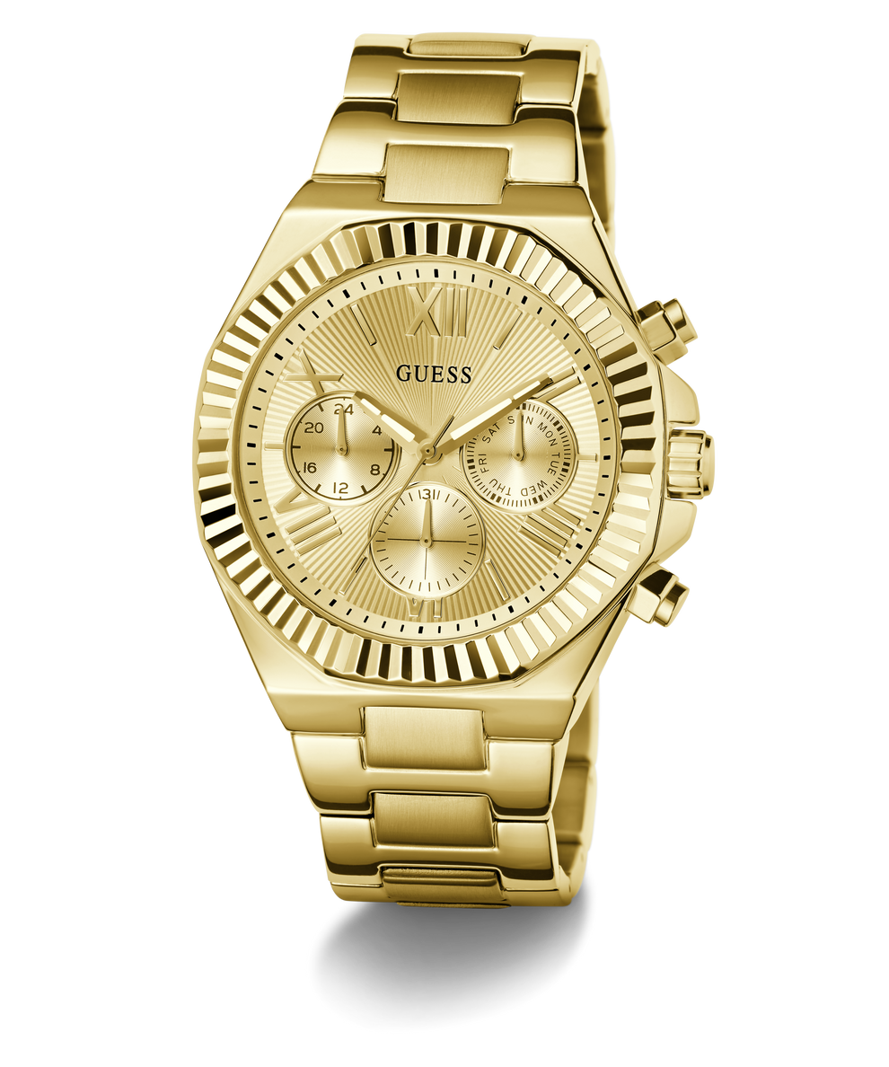 Gold-tone GUESS men's analog watch with a matching metal link bracelet, featuring a fluted bezel, sunburst dial, and three subdials.