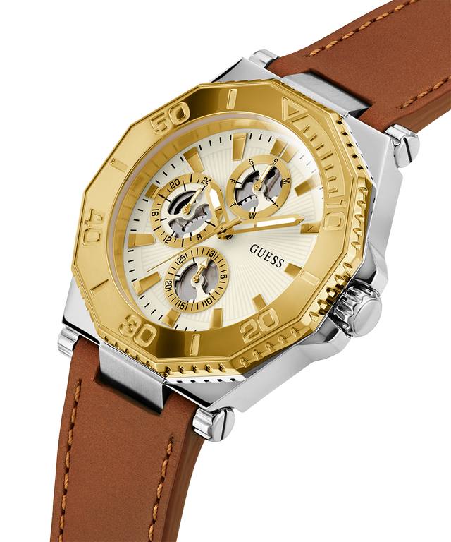 GUESS Mens Brown 2-Tone Multi-function Watch lifestyle angle