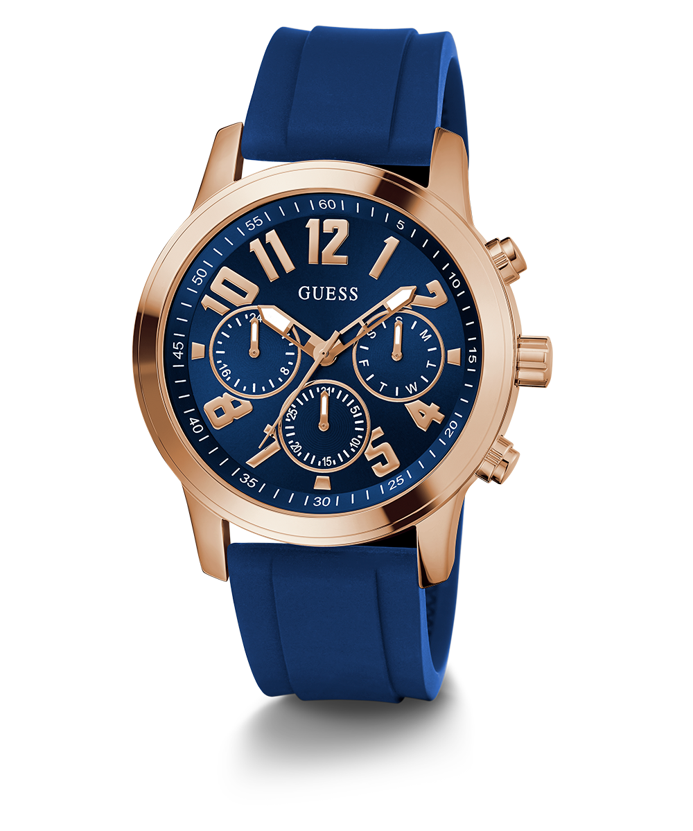 GUESS Blauw + Rose Goud-Tone Crystal Siliconen Horloge - Elegant En Modern Dameshorloge