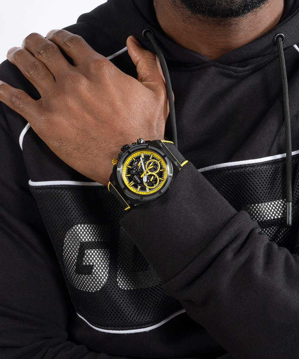 GW0713G2 GUESS Mens Black Multi-function Watch lifestyle black and yellow watch on wrist