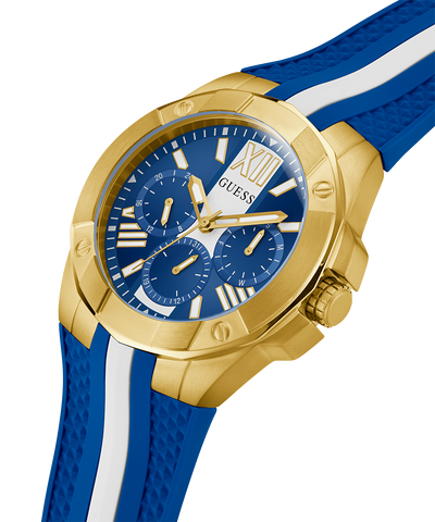 GW0716G2 GUESS Mens Blue Gold Tone Multi-function Watch lifestyle angle