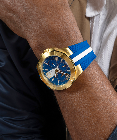 GW0716G2 GUESS Mens Blue Gold Tone Multi-function Watch lifestyle watch on wrist