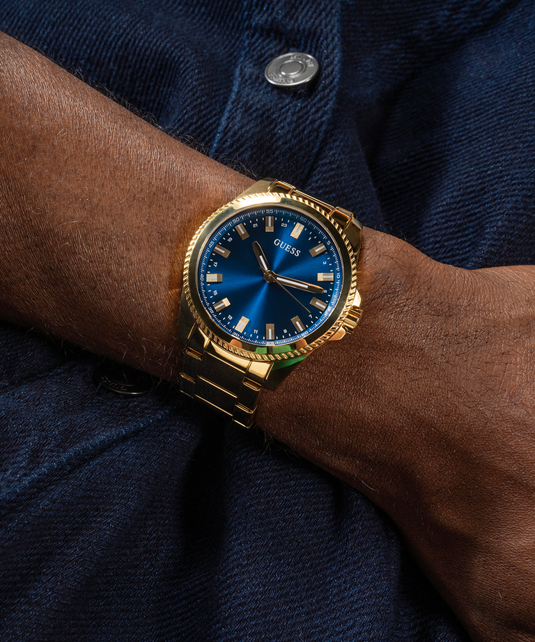 GW0718G2 GUESS Mens Gold Tone Analog Watch lifestyle watch on wrist