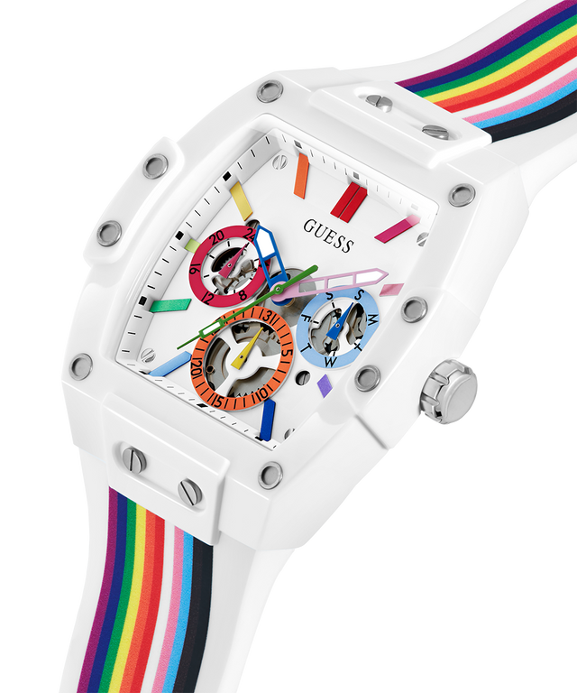 GW0720G1 Pride Limited Edition GUESS Mens White Rainbow Analog Watch lifestyle angle