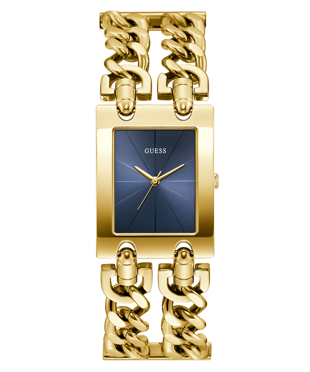 Gold chain-link GUESS Ladies Mod Heavy Metal Gold Tone Analog Watch with blue face on a white background