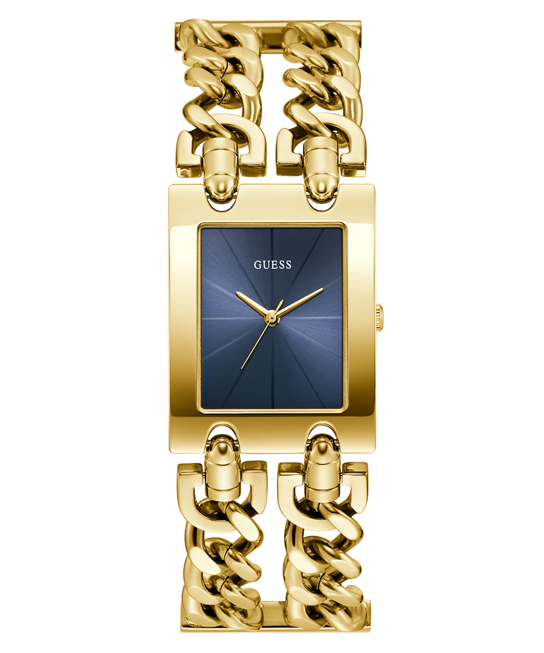 Gold chain-link GUESS Ladies Mod Heavy Metal Gold Tone Analog Watch with blue face on a white background