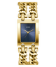 Gold chain-link GUESS Ladies Mod Heavy Metal Gold Tone Analog Watch with blue face on a white background