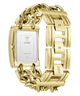 Gold chain-link watch with Guess logo on a white background