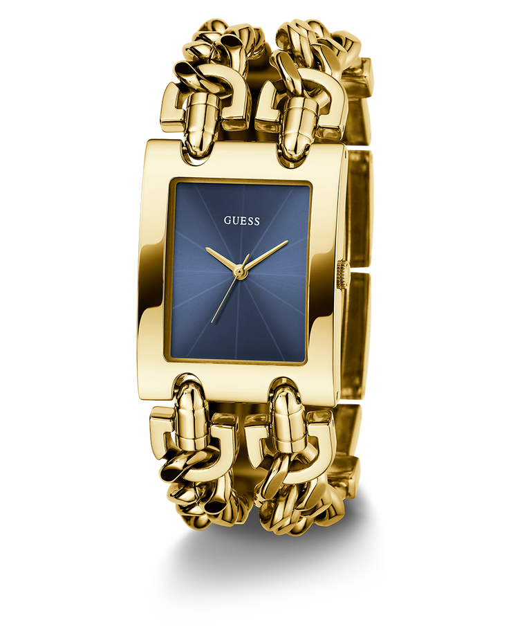Gold GUESS Ladies Mod Heavy Metal Gold Tone Analog Watch with blue face and 'Guess' branding on a white background