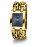 Gold GUESS Ladies Mod Heavy Metal Gold Tone Analog Watch with blue face and 'Guess' branding on a white background