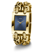 Gold GUESS Ladies Mod Heavy Metal Gold Tone Analog Watch with blue face and 'Guess' branding on a white background