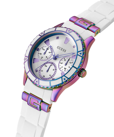 GW0743L1 GUESS Ladies White Iridescent Multi-function Watch angle lifestyle