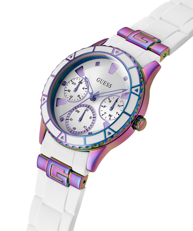 GW0743L1 GUESS Ladies White Iridescent Multi-function Watch angle lifestyle