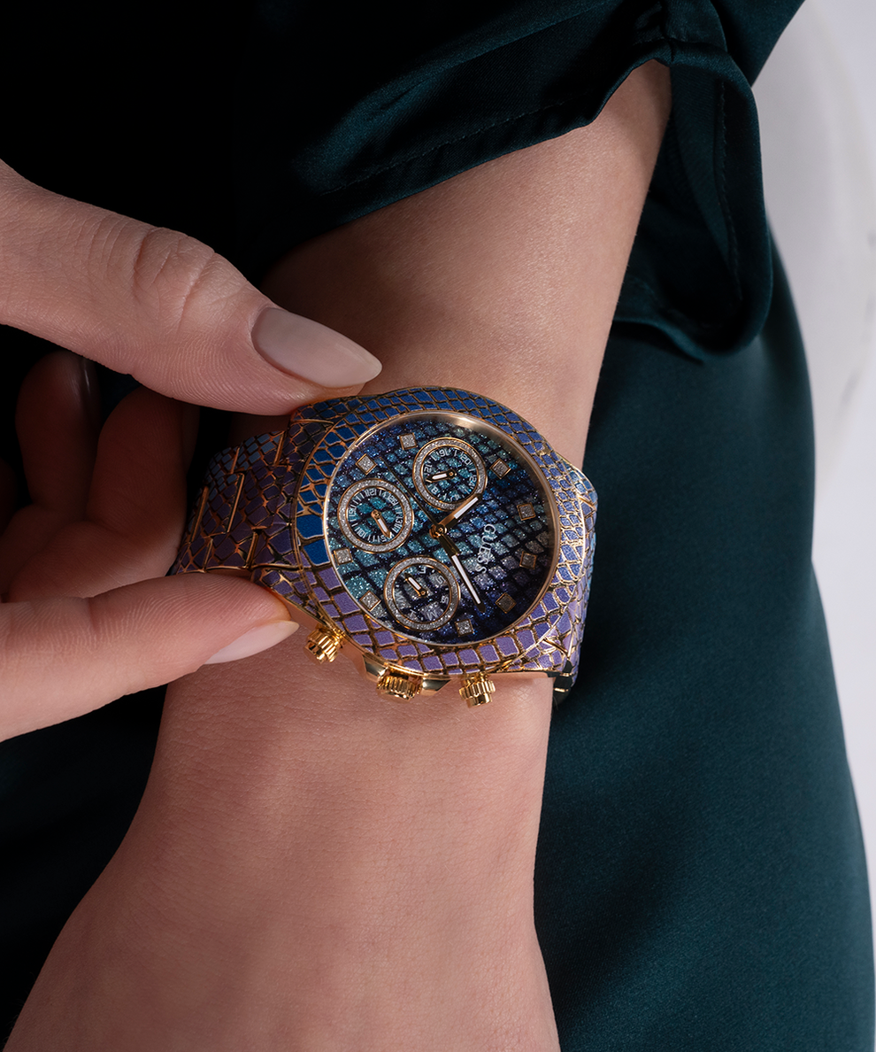 GW0752L1 GUESS Ladies Blue Purple Gold Tone Multi-function Watch lifestyle watch on wrist