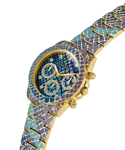 GW0752L1 GUESS Ladies Blue Purple Gold Tone Multi-function Watch lifestyle angle