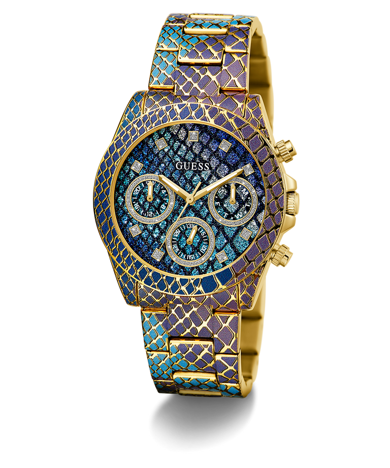 GW0752L1 GUESS Ladies Blue Purple Gold Tone Multi-function Watch angle