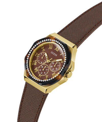 GW0753L3 GUESS Ladies Brown Gold Tone Multi-function Watch lifestyle angle