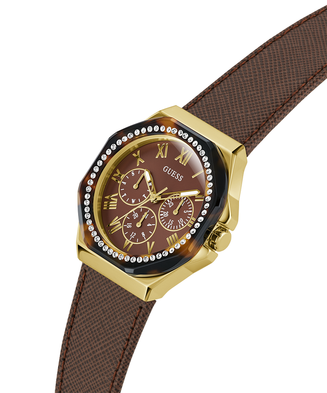 GW0753L3 GUESS Ladies Brown Gold Tone Multi-function Watch lifestyle angle