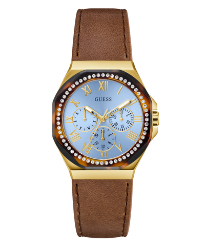 Guess watch with brown leather strap and gold case on white background