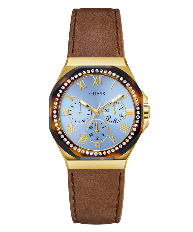 Guess watch with brown leather strap and gold case on white background