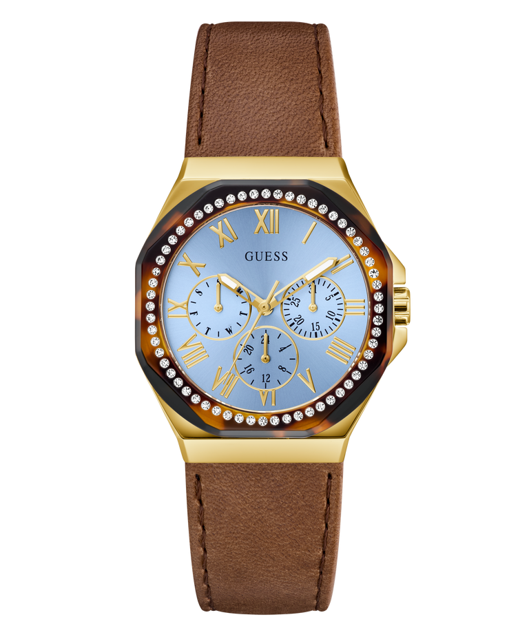 Guess watch with brown leather strap and gold case on white background