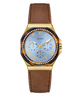 Guess watch with brown leather strap and gold case on white background