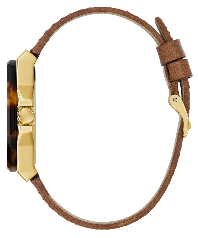 GUESS Ladies Brown Gold Tone Multi-function Watch with brown leather strap and gold case on a white background