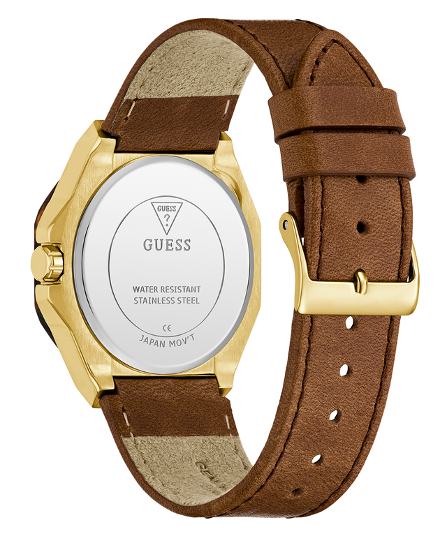 GUESS Ladies Brown Gold Tone Multi-function Watch with brown leather strap and gold casing on a white background