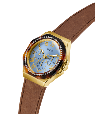 GUESS Ladies Brown Gold Tone Multi-function Watch with a brown strap on a white background lifestyle