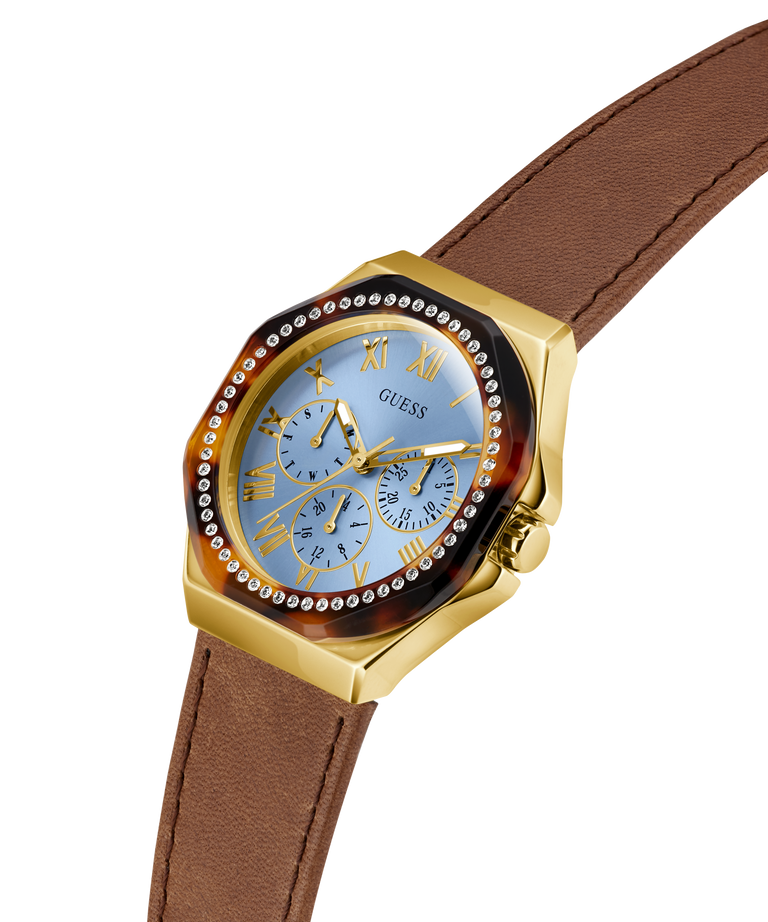 GUESS Ladies Brown Gold Tone Multi-function Watch with a brown strap on a white background lifestyle