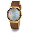 GUESS Ladies Brown Gold Tone Multi-function Watch with gold case, brown leather strap, and blue dial on a white background