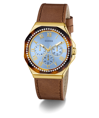 GUESS Ladies Brown Gold Tone Multi-function Watch with gold case, brown leather strap, and blue dial on a white background