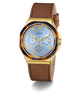 GUESS Ladies Brown Gold Tone Multi-function Watch with gold case, brown leather strap, and blue dial on a white background