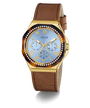 GUESS Ladies Brown Gold Tone Multi-function Watch with gold case, brown leather strap, and blue dial on a white background