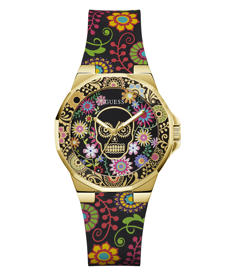 GW0754L1 GUESS Ladies Day of the Dead Black Gold Tone Analog Watch